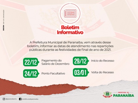 Paranaíba terá ponto facultativo e recesso de final de ano