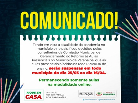 Aulas presenciais híbridas na rede privada de ensino serão suspensas em todo município