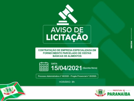 Paranaíba fará licitação de cestas básicas de alimentos no dia 15 de abril