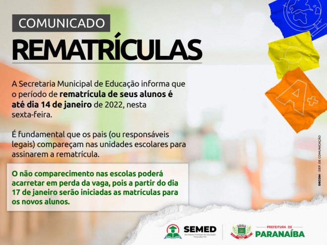 Comunicado importante sobre as rematrículas escolares